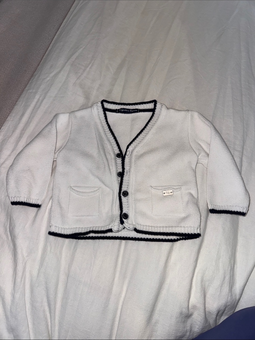 Margaritaville White Knit Cardigan with Navy Trim - Kids